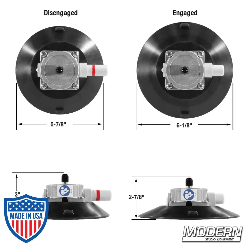 6-inch suction cup with 3/8-inch male thread in disengaged and engaged positions for film grip and rigging.