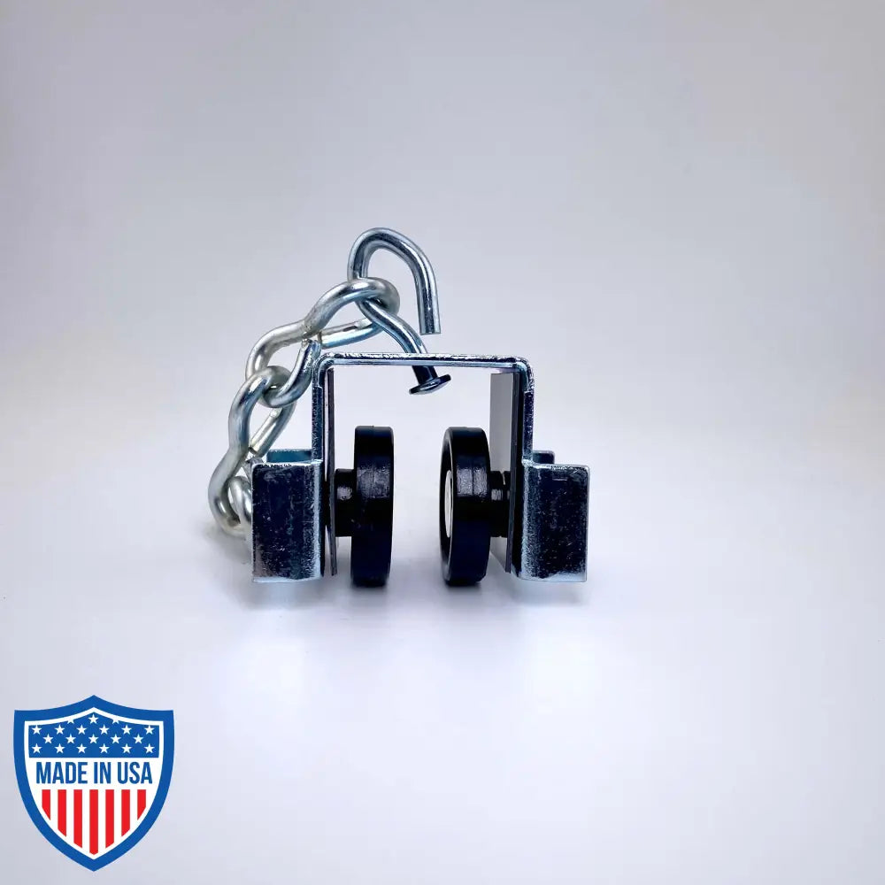 Curtain Track Carrier H&H with Delrin wheels, steel body, swivel hook, and trim chain, ideal for film grip rigging setups.