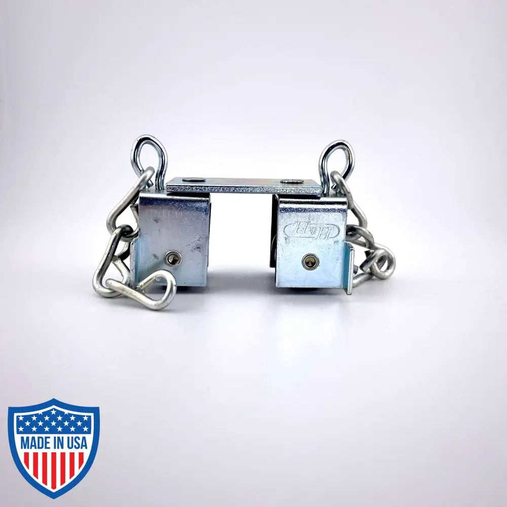 Curtain Track Master Carrier with swivel hooks and chains for film grip rigging to prevent backdrop damage.