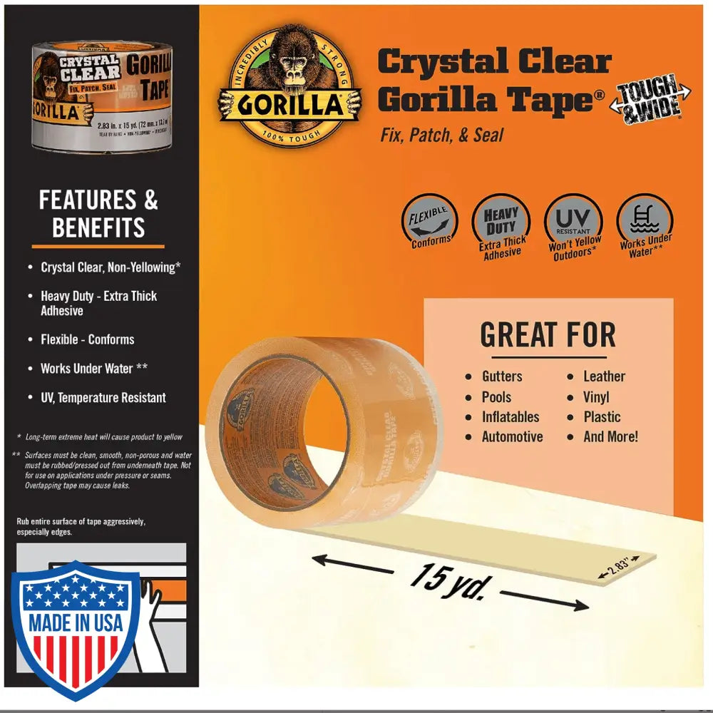 Crystal Clear Gorilla Tape 2.83-inch x 15 yd with heavy duty adhesive, UV and temperature resistant for film grip and rigging projects