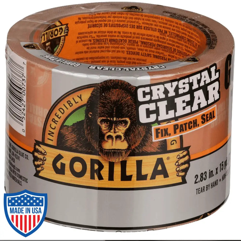 Gorilla Tape Crystal Clear 2.83-inch x 15yd roll for strong and clear film, grip, and rigging repairs, UV and temperature resistant
