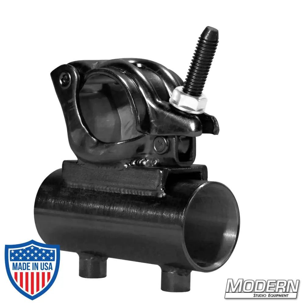 Grid Clamp with Horizontal 1-1/2-inch Speed-Rail Receiver in black zinc with nut, ideal for film grip and rigging on sets.