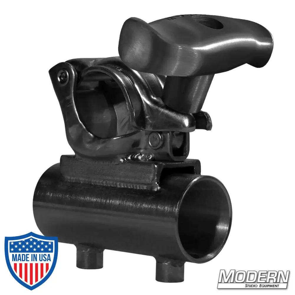 Black zinc grid clamp with horizontal 1-1/2" Speed-Rail® receiver and spin handle for film grip and rigging setups.