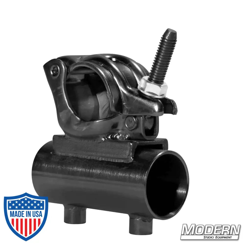 Black zinc steel grid clamp with horizontal 1-1/4-inch Speed-Rail® receiver and nut for film grip rigging.