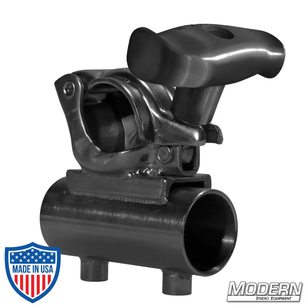 Grid clamp with horizontal 1-1/4-inch Speed-Rail® receiver, black zinc with spin handle, for film grip rigging.