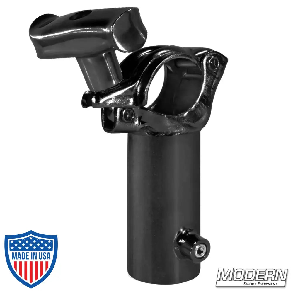 Steel grid clamp with vertical 1-1/4-inch Speed-Rail receiver, black zinc finish and spin handle for film grip rigging.