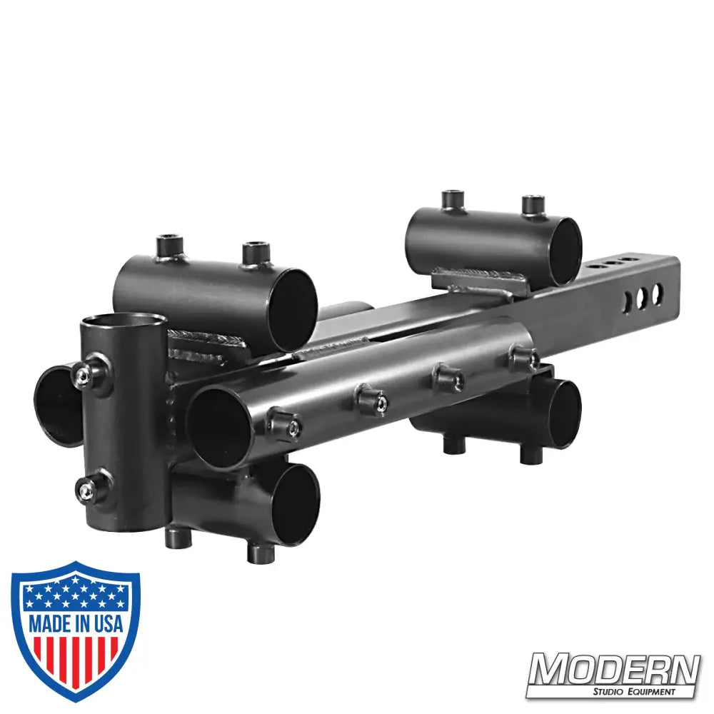 Large black zinc trailer hitch adapter for 1-1/4-inch Speed-Rail®, ideal for film grip and rigging, featuring multiple 1-1/4" receivers