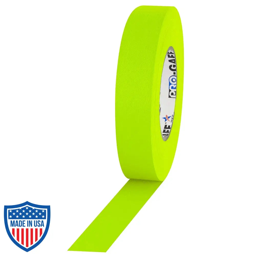 Pro Tapes® 1-inch neon green gaff tape for film grip and rigging jobs, high visibility, matte cloth, rubber adhesive system