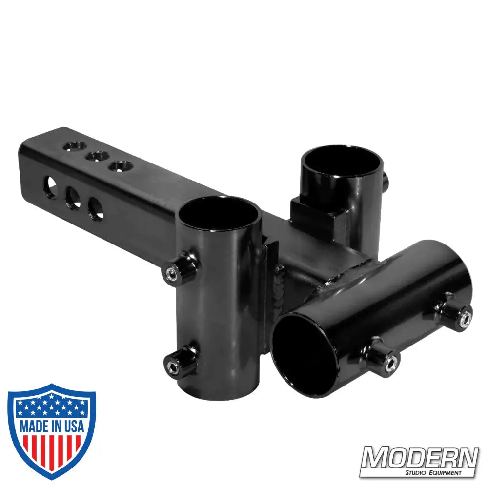 Small trailer hitch adapter with 1-1/2-inch receivers for film grip rigging, black zinc finish, fits standard hitch pin.