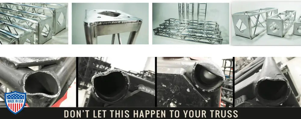 Comparison of damaged truss ends vs. intact aluminum utility truss with "Don't Let This Happen to Your Truss" message