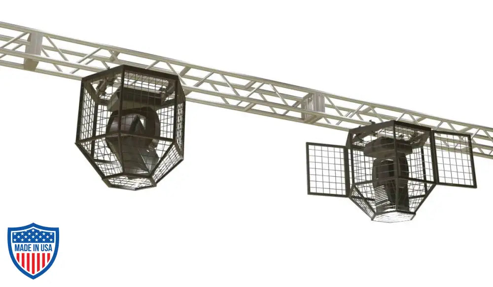 XSF Protective Guard Cages for moving lights and projectors on a rigging truss, ideal for gymnasiums, arenas, and film grip setups
