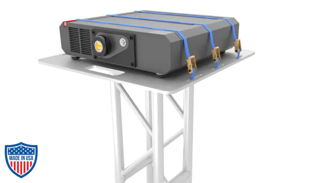 XSF Projector Plate with projector secured, showcasing versatile rigging for film, audio, and video equipment on a truss-top shelf.
