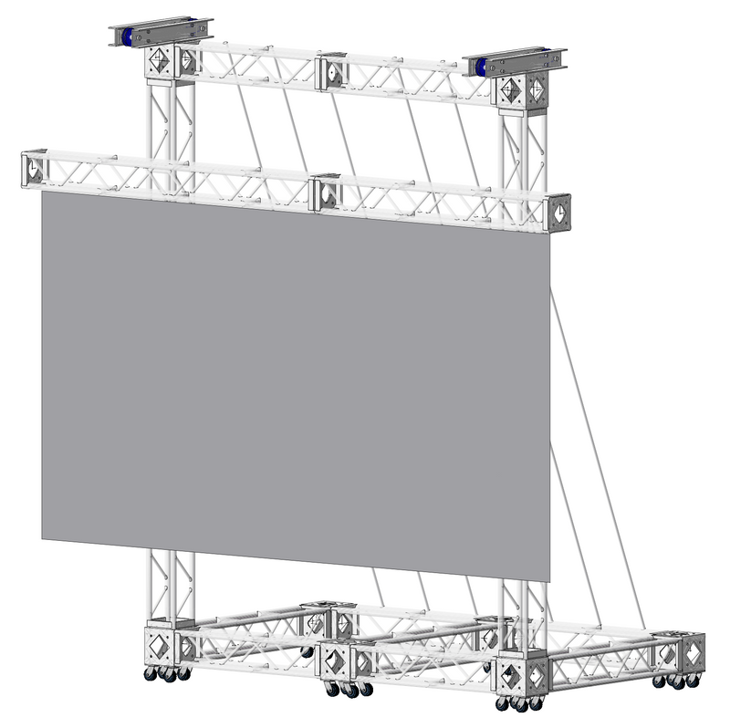 CAD-style technical drawing of an LED wall installation supported by XSF 5th chord utility truss system