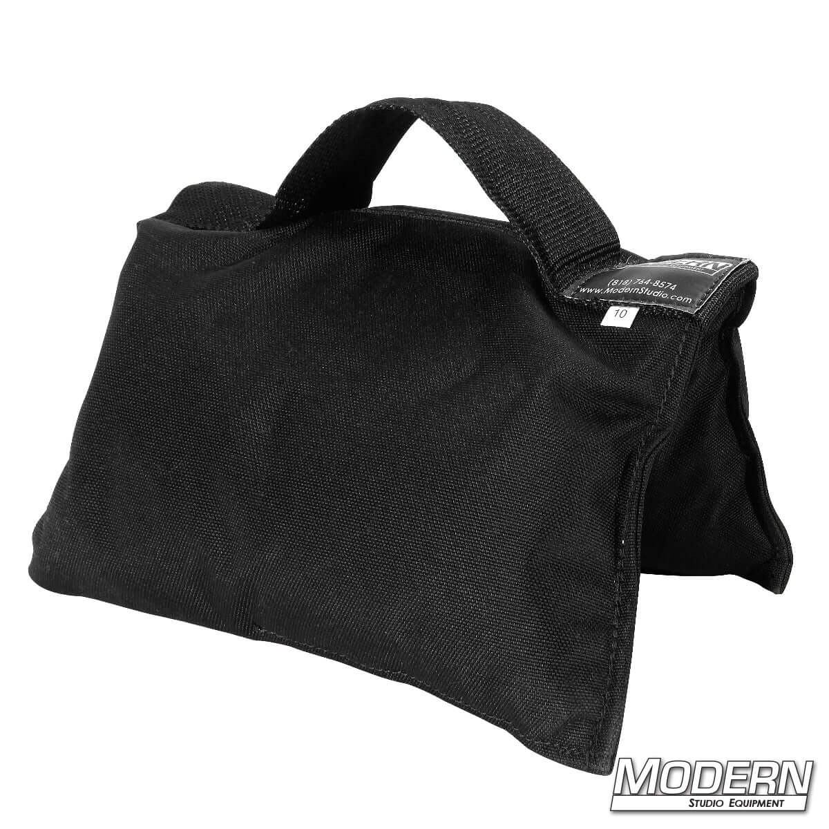 Black 10 lb sandbag with black handle for film grip and rigging, made from durable Cordura 1000 and filled with silica sand.