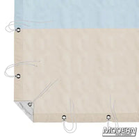 12' x 12' Natural Bounce muslin with sky blue and beige sections, webbing, grommets, and ties, for film grip and rigging, with storage bag.