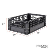 Half Milk Crate made from industry-grade plastic, measures 19" x 13" x 6.5", stackable with a clean grid bottom, ideal for film grip rigging.