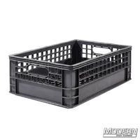 Industry grade plastic half milk crate for film grip and rigging, 19" x 13" x 6.5", stackable with a clean grid bottom.