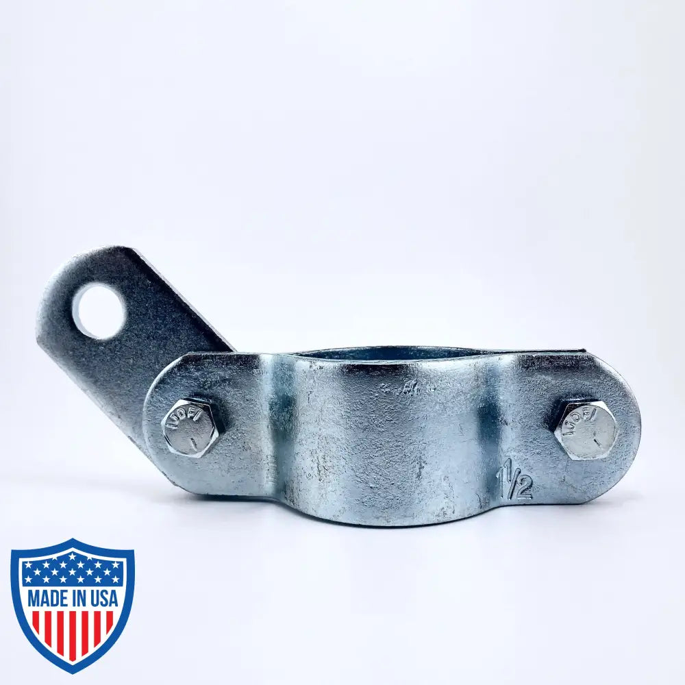 1-1/2-inch Pelican Batten Pipe Clamp for film grip rigging, featuring a left or right 180-degree swivel tab for connecting pipes to ceiling chains.