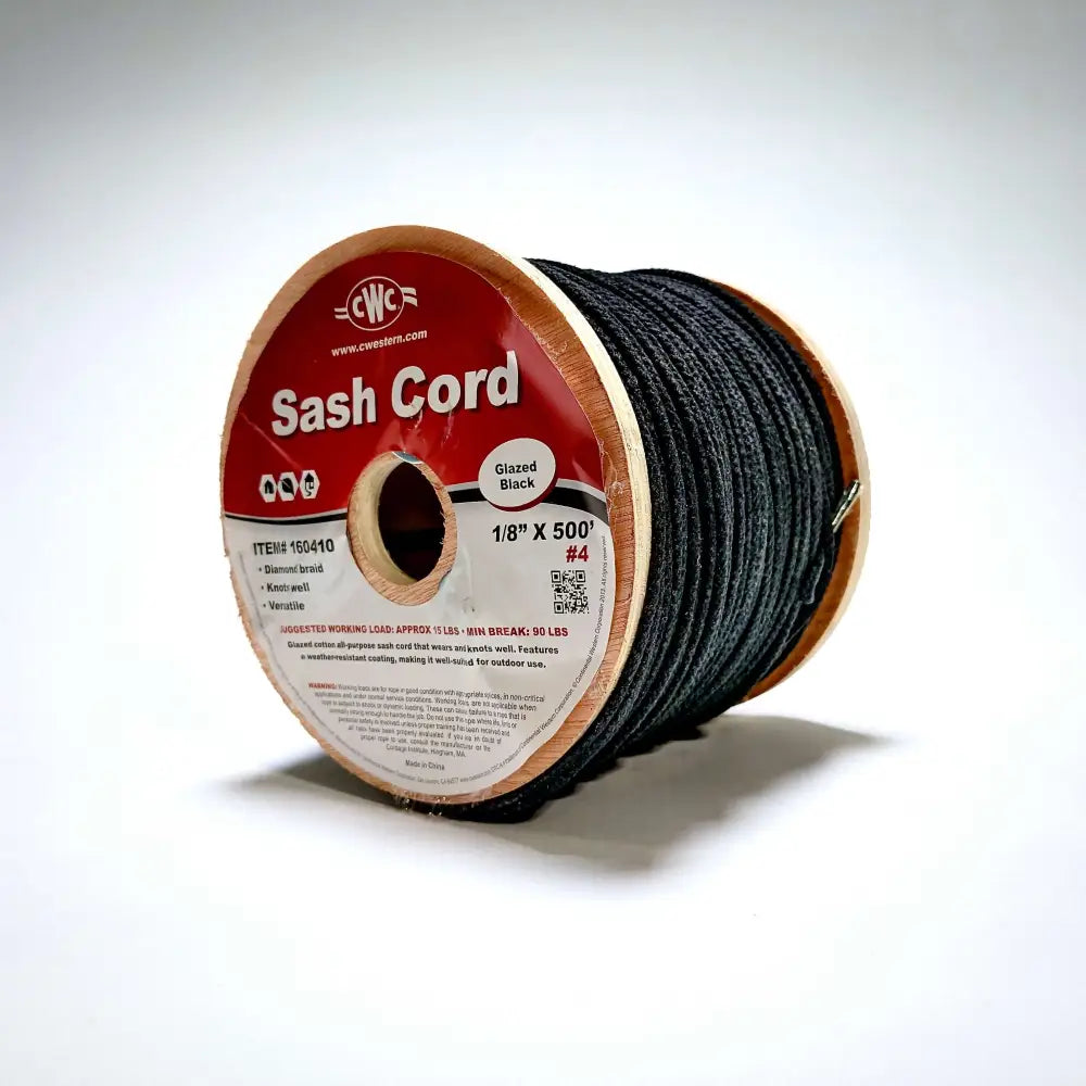 1/8-inch x 500' black glazed sash cord for film grip and rigging tasks with 15 lb working load limit and 90 lb breaking strength.