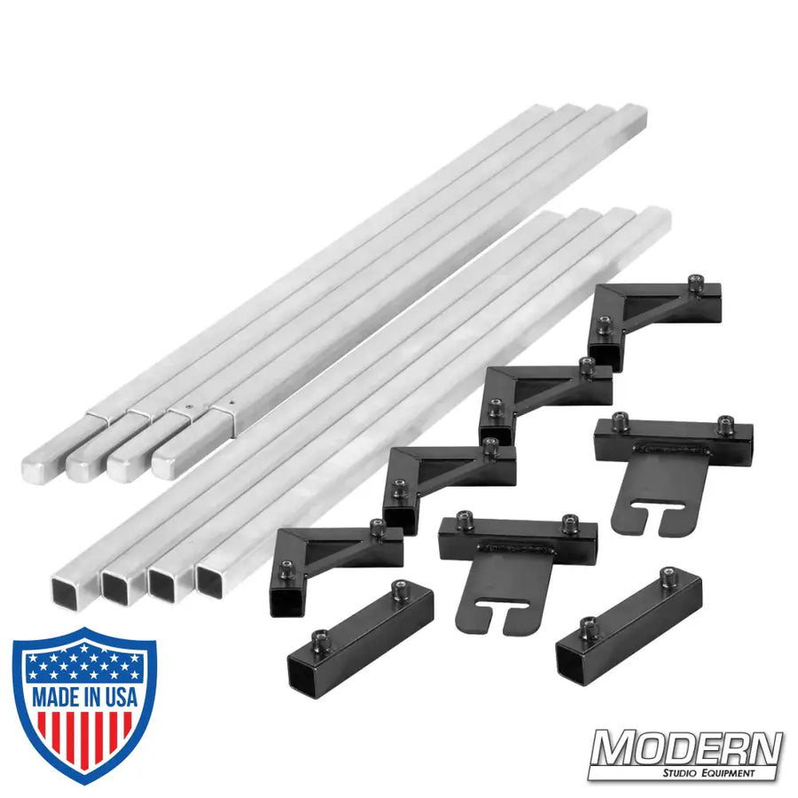 1-inch square aluminum tube frame kit with connectors, corners, and accessories for film grip and rigging