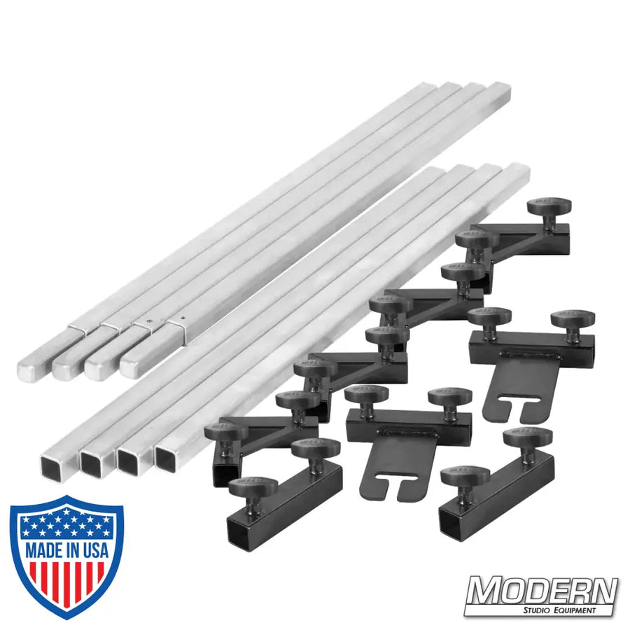 8' x 8' breakdown frame kit with 1-inch square aluminum tubes, corners, sliding ears, and T-handles for film grip rigging.