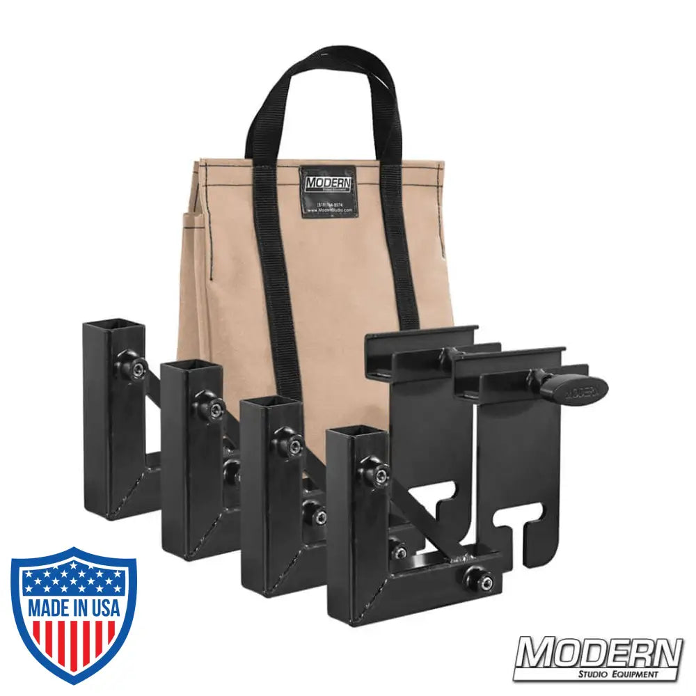 1" Square Stock Frame Kit for film grip and rigging with a set of black brackets and beige carrying bag.