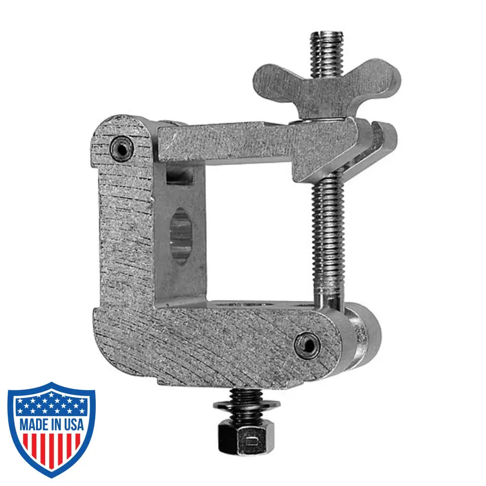 2-inch square half coupler for film grip rigging made of 6061-T6 aluminum, fits 2" square tubing, notched for easy bolting.