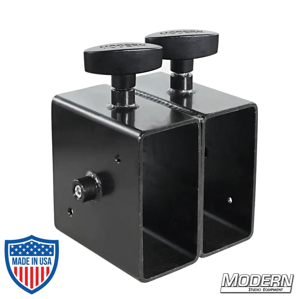 2-inch x 4-inch black zinc steel splicer for wood film grip and rigging.