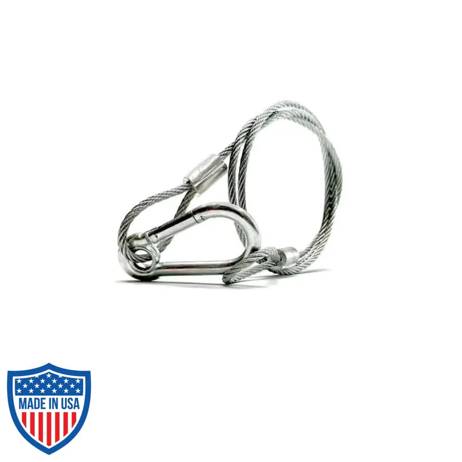 24" stainless steel safety cable for film grip rigging with heavy duty locking design.