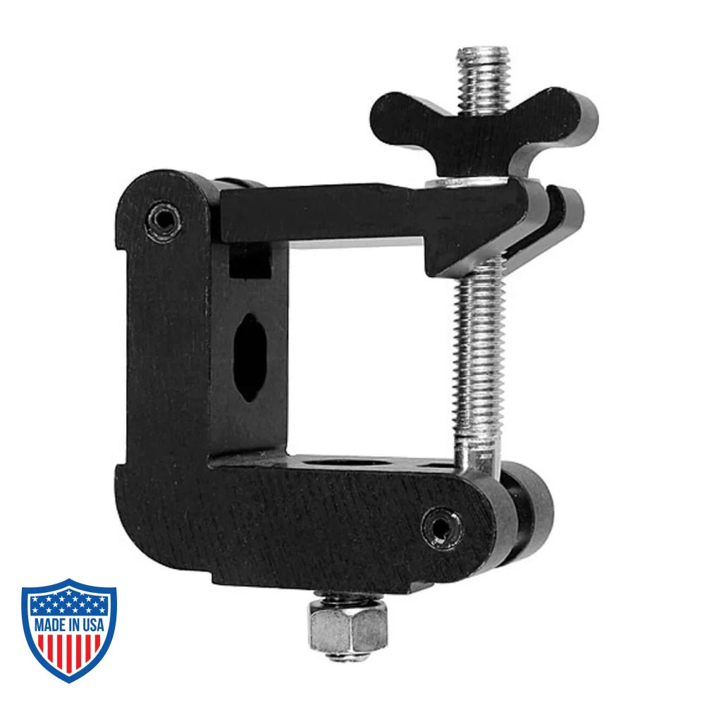 2" square half coupler for film grip rigging, fits 2" square tubing, made from 6061-T6 aluminum, 1200 lbs load limit, dimensions 2" wide