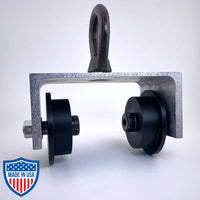 4-inch I-Beam Cable Roller for film grip and rigging, fits 4" wide beams, used to roll cable on bottom lip with an eye-bolt attachment.