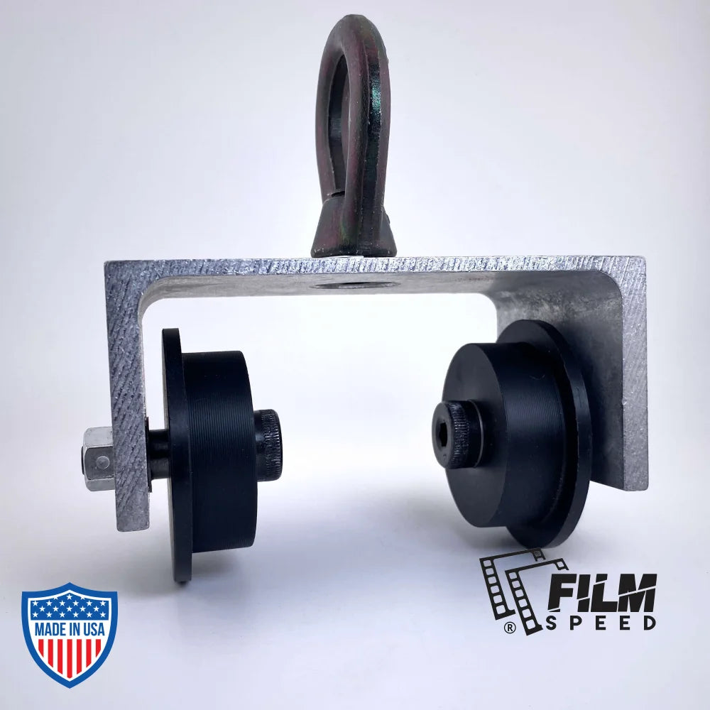 4" I-Beam Cable Roller for film grip and rigging, fits 4" wide beams, used to roll cable on bottom lip with an eye-bolt attachment.