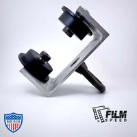 4" I-Beam Cable Roller for film grip rigging, fits 4" wide beams, rolls cable on beam lip, attach cable to eye-bolt at bottom