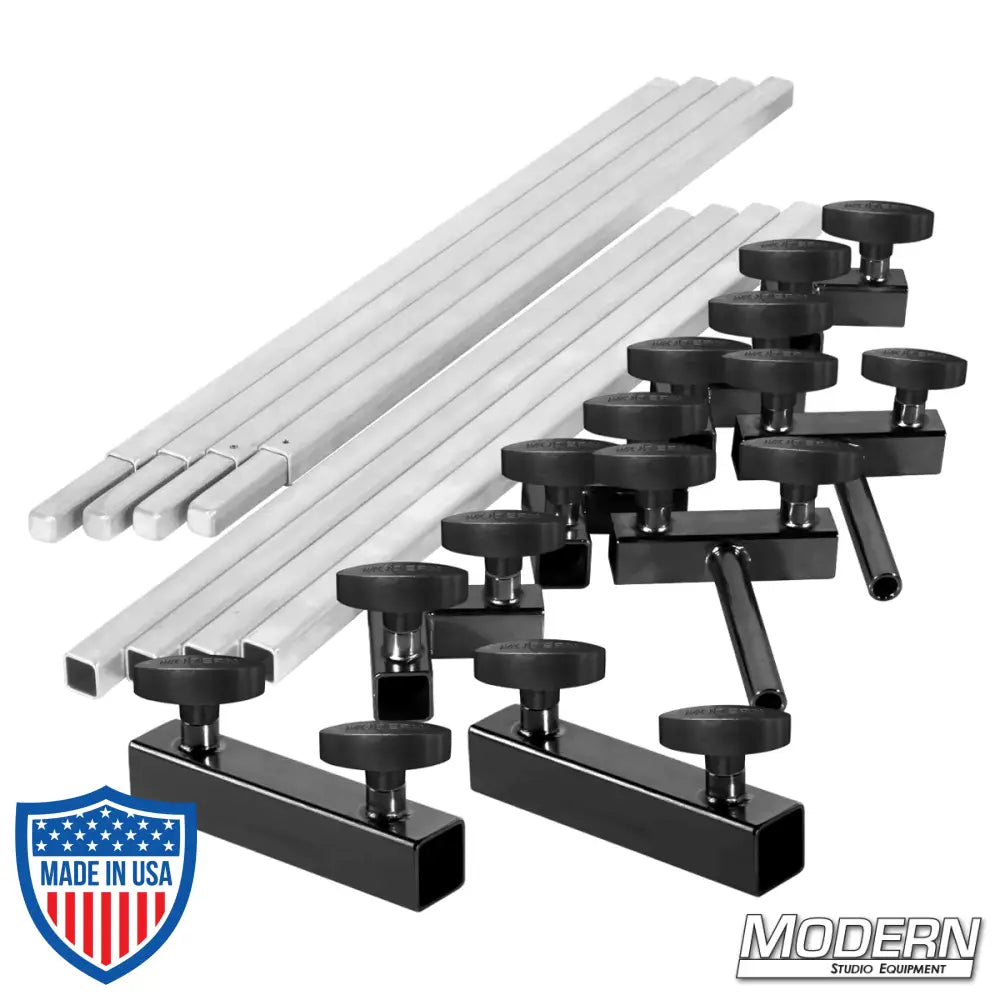 6' x 6' frame kit with 3/4" square aluminum tubes, T-handles, corners, and sliding pins for film grip rigging by Modern Studio Equipment.