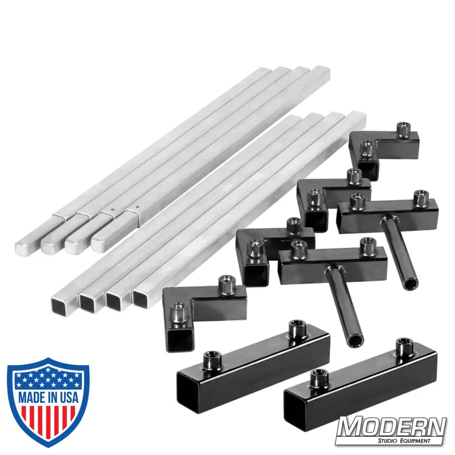 Aluminum 3/4-inch square tube frame components for film grip and rigging, including tubes and connectors from Modern Studio Equipment.