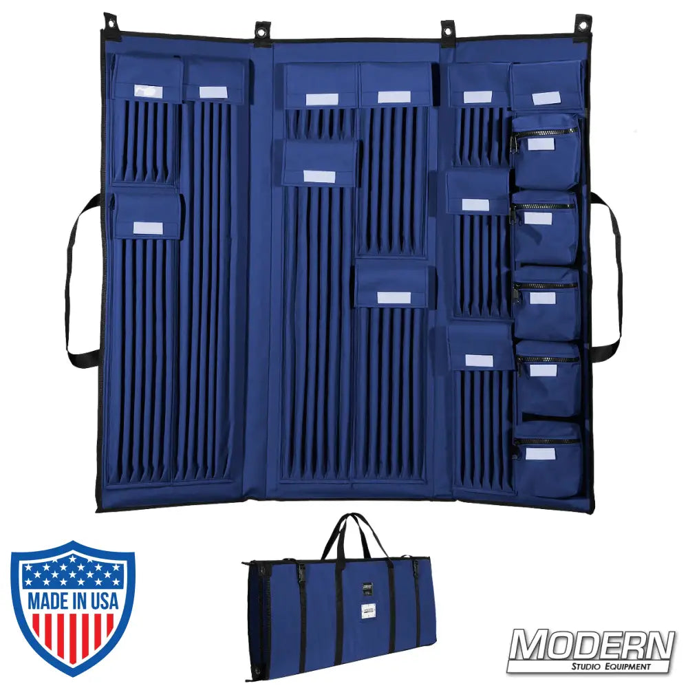 3 Fold Deluxe 5/8-inch rod bag in blue with multiple compartments for film grip and rigging tools, shown open and closed.