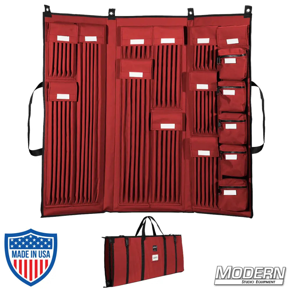 3 Fold Deluxe 5/8-inch Rod Bag in red with multiple compartments for film grip rigging tools.