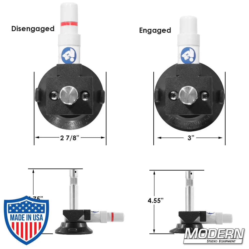 3-inch Suction Cup with 5/8-inch Baby Pin and 1/4-inch thread for film rigging grip by Wood's Powr-Grip, dimensions shown for engaged and disengaged states.