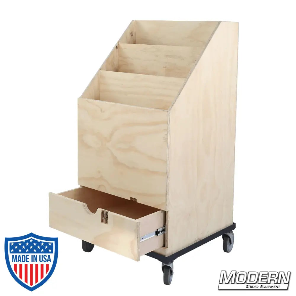 Wooden 3-place scrim and flag box with drawer on casters, designed for film grip and rigging applications.