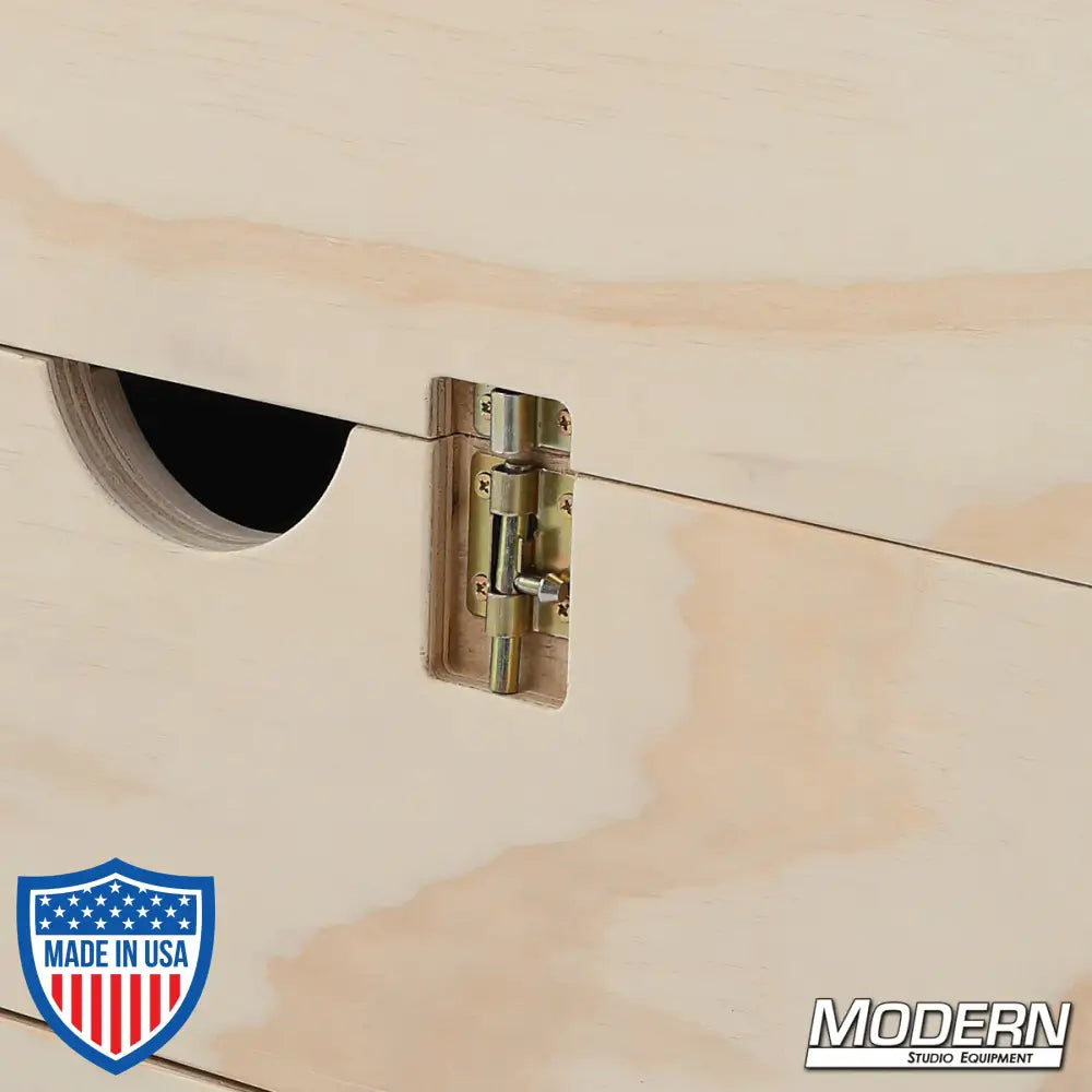 Wooden 3-Place Scrim and Flag Box with drawer, designed for film grip rigging, featuring secure latch and durable build.