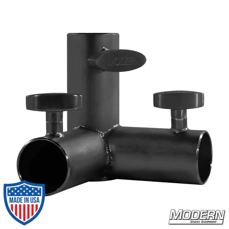3-Way Pass Through Corner for 1-1/2-inch Speed-Rail® in black zinc with T-Handles, used in film grip and rigging.