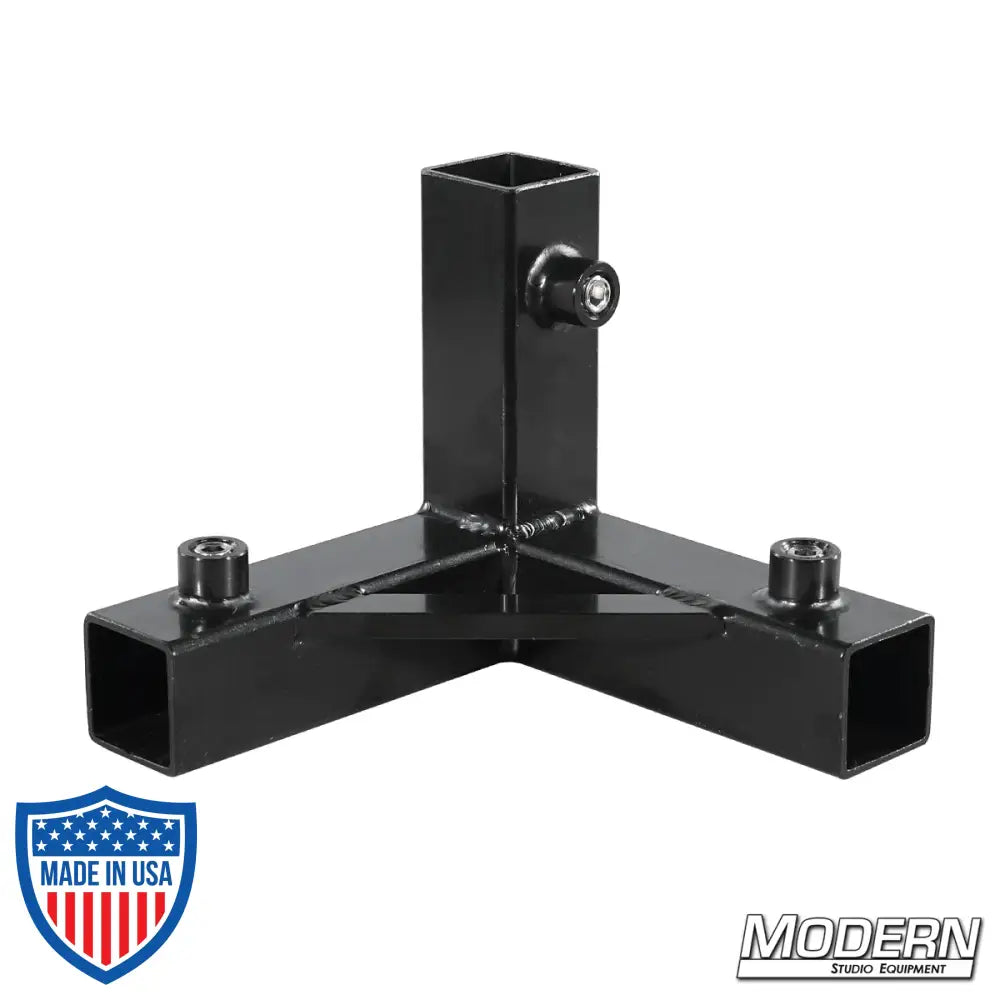 3-way pass through corner for 1-inch square tube, black zinc with set screws, ideal for film grip and rigging.