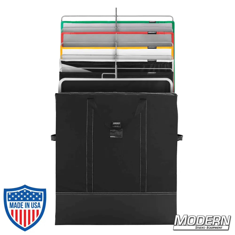 36-inch x 36-inch On The Go Scrim Set with bag, gels, flags, and floppies in black, white, green, red, and yellow for film grip and rigging.