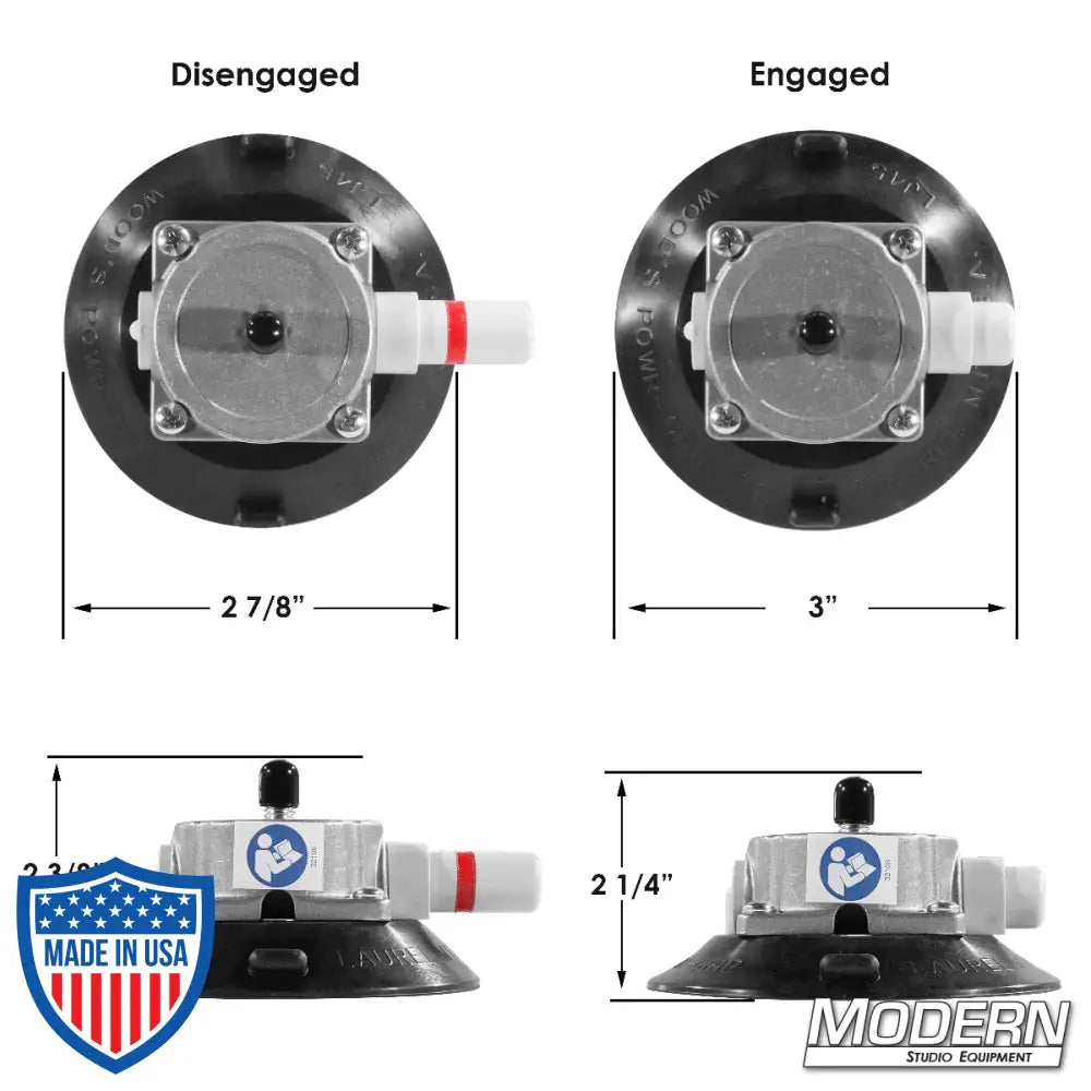 4-1/2-inch suction cup with 3/8-inch male thread by Wood's Powr Grip in disengaged and engaged positions for film grip and rigging