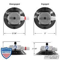 4-1/2-inch suction cup with 3/8-inch male thread by Wood's Powr Grip in disengaged and engaged positions for film grip and rigging