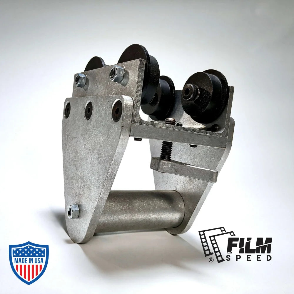 4" I-Beam Locking Trolley for film grip and rigging, ideal for attaching pipe clamps, pipe hangers, motors, or set pieces to beams.