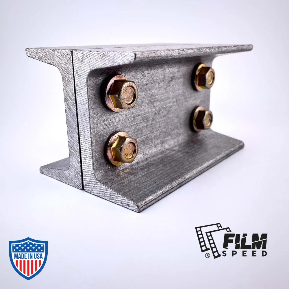 4" I-Beam End Stop for film grip rigging, prevents cable rollers and trolleys from dropping off the ends