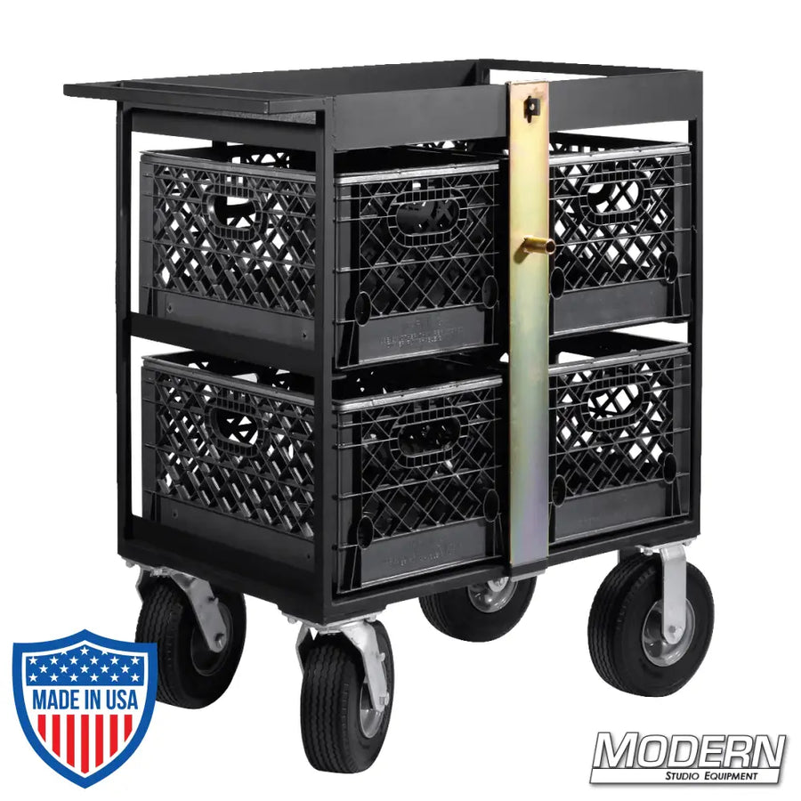 Steel 4 Place Milk Crate Cart with foam-filled wheels and locking bar for film grip rigging