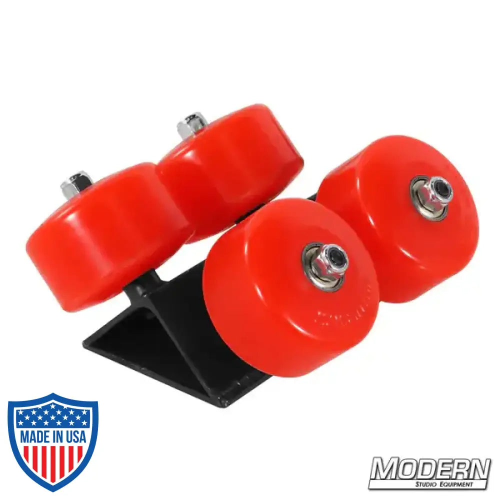 4 Wheels Per Corner Speed-Rail® Slider Wheel Assembly for film grip rigging with red wheels and black skate brackets