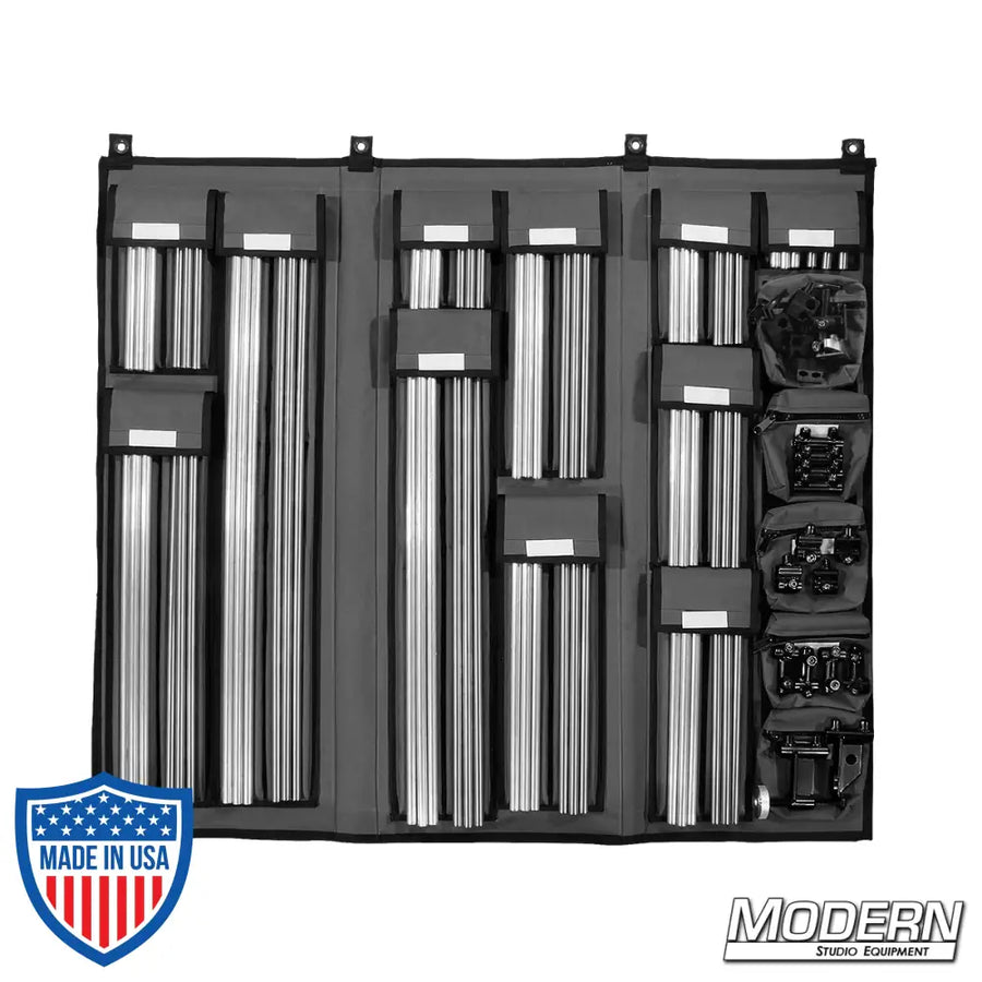 5/8-inch On The Go Kit - Black Zinc with aluminum and stainless steel rods neatly organized for film grip rigging in a carrying case.